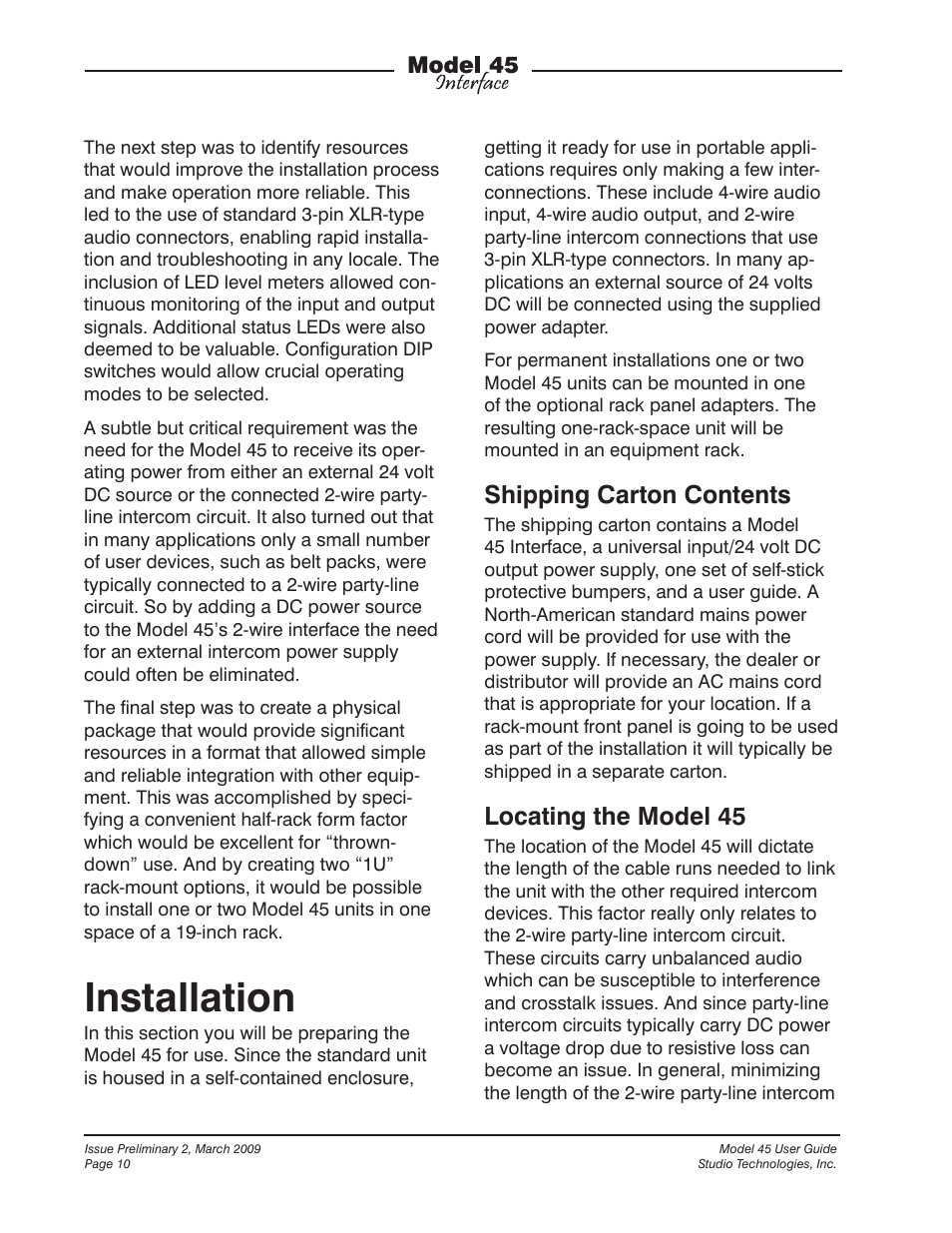 Installation, Shipping carton contents, Locating the model 45 | StudioTech M45-00151 User Manual | Page 10 / 31