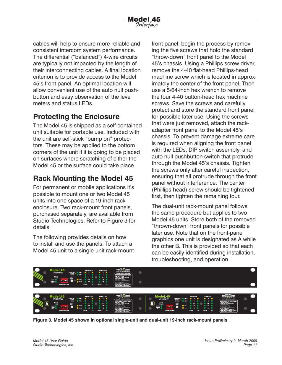 Protecting the enclosure, Rack mounting the model 45 | StudioTech M45-00151 User Manual | Page 11 / 31