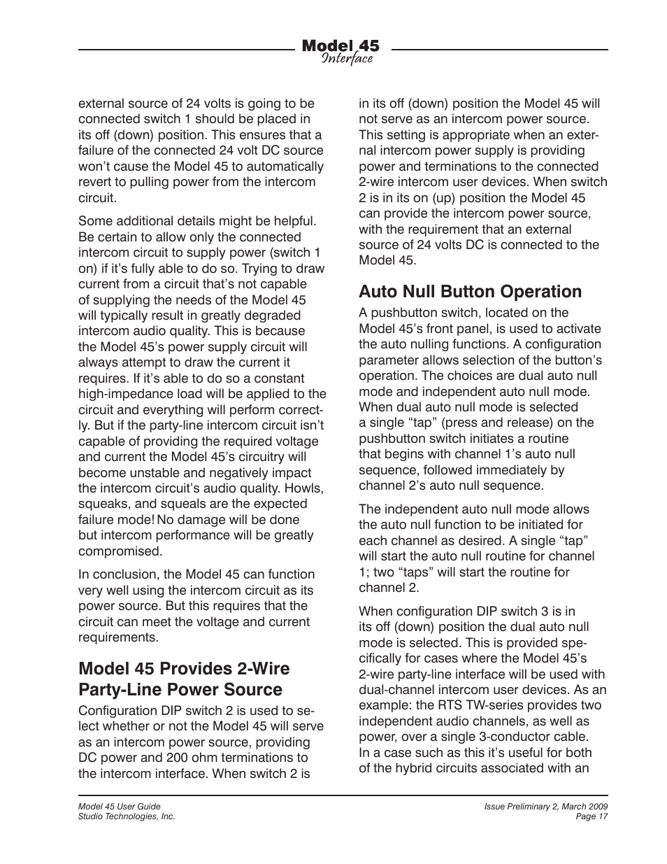 Model 45 provides 2-wire party-line power source, Auto null button operation | StudioTech M45-00151 User Manual | Page 17 / 31