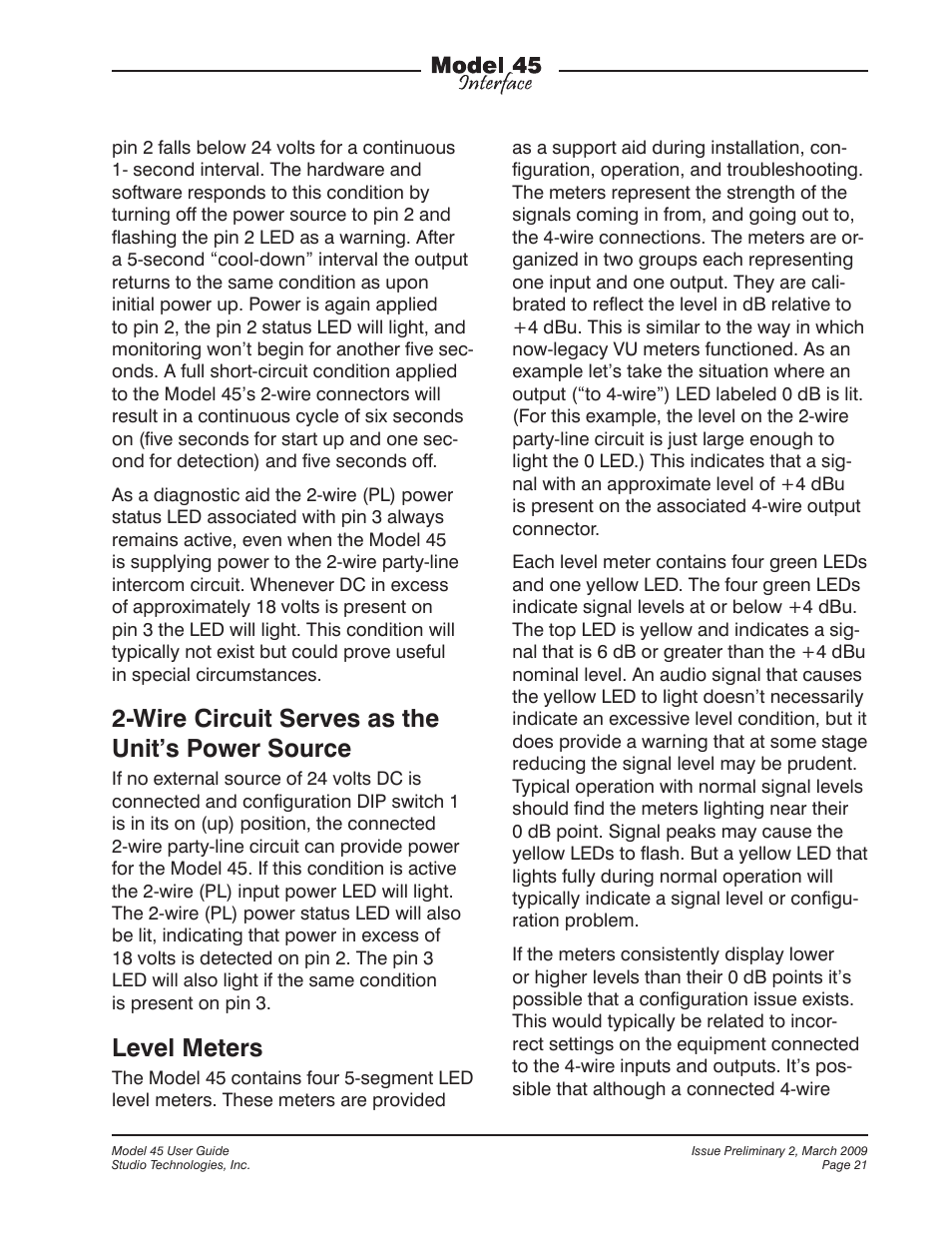 Wire circuit serves as the unit’s power source, Level meters | StudioTech M45-00151 User Manual | Page 21 / 31