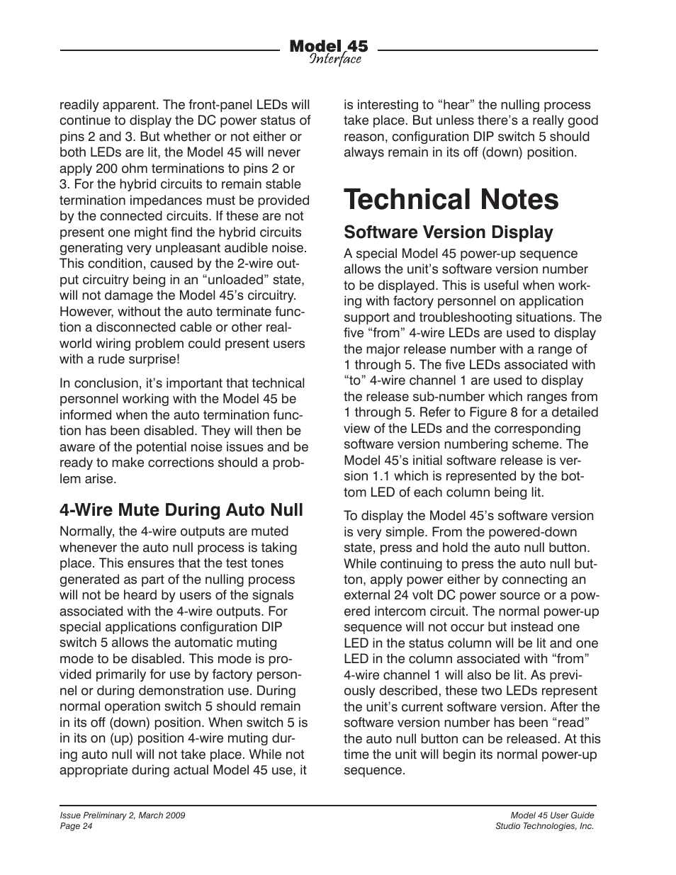 Technical notes, Wire mute during auto null, Software version display | StudioTech M45-00151 User Manual | Page 24 / 31