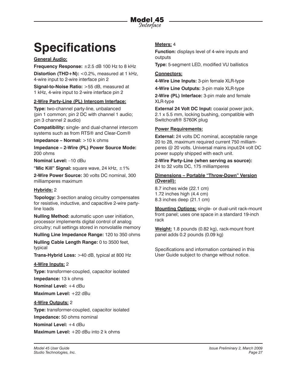 Specifications | StudioTech M45-00151 User Manual | Page 27 / 31