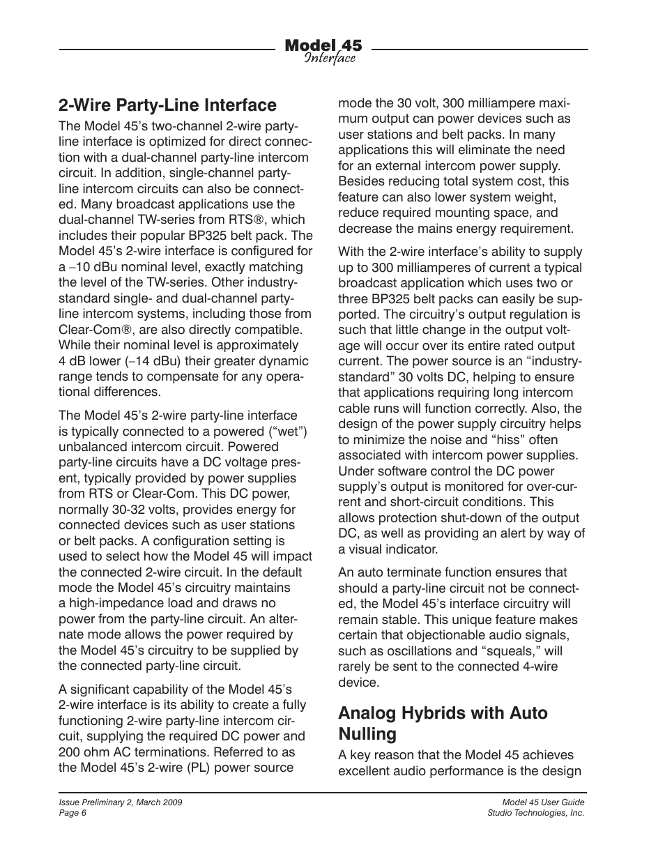 Wire party-line interface, Analog hybrids with auto nulling | StudioTech M45-00151 User Manual | Page 6 / 31