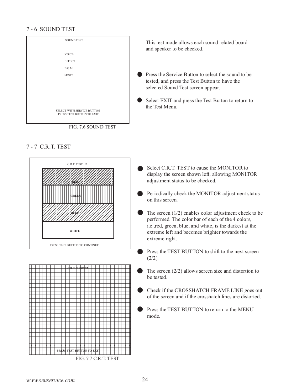 7 - 6 sound test, 7 - 7 c.r.t. test | Sega 999-0886-01 User Manual | Page 29 / 85