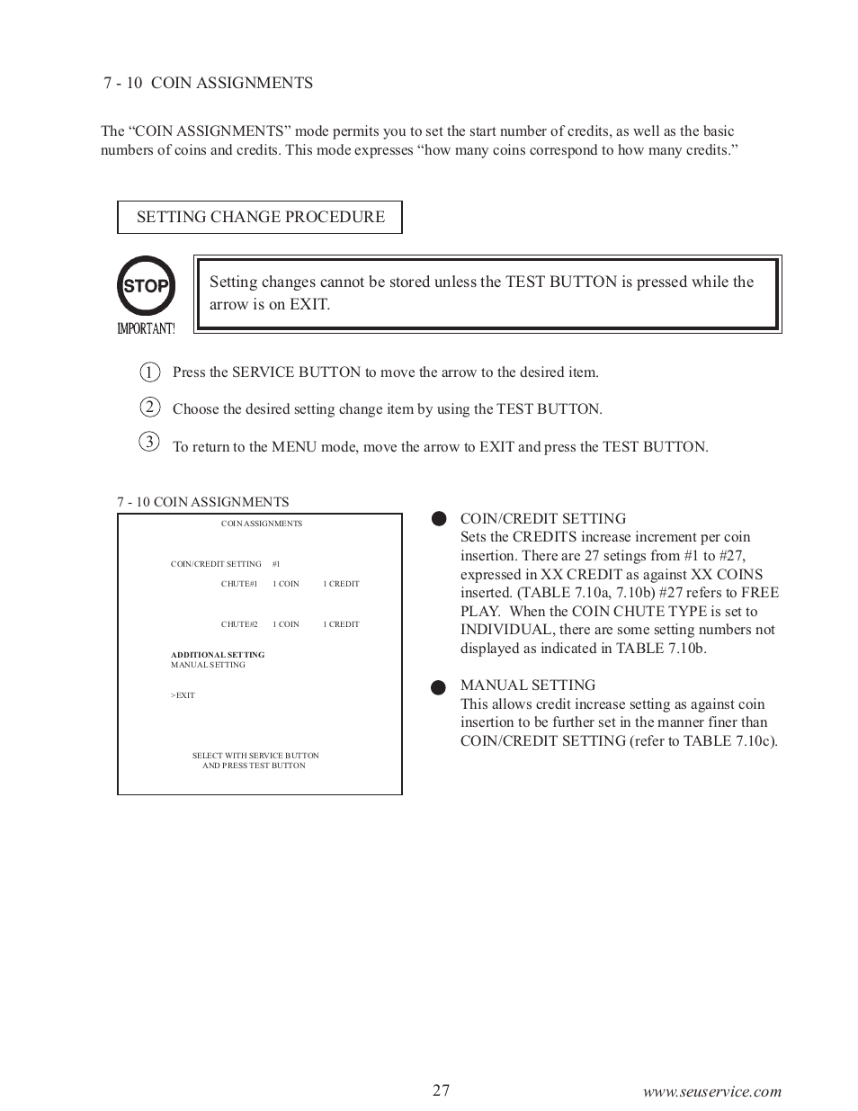 Setting change procedure | Sega 999-0886-01 User Manual | Page 32 / 85