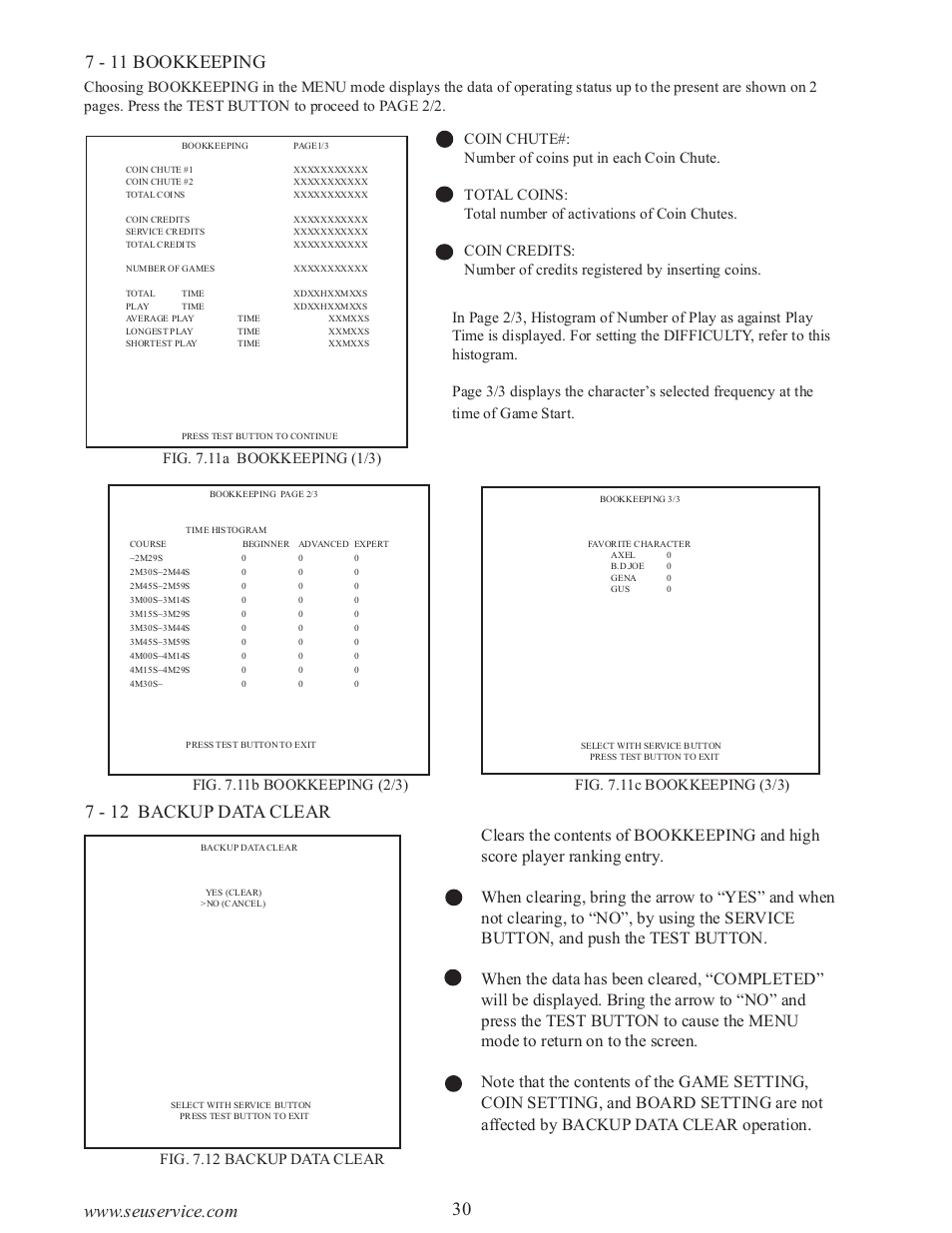7 - 12 backup data clear, 7 - 11 bookkeeping | Sega 999-0886-01 User Manual | Page 35 / 85