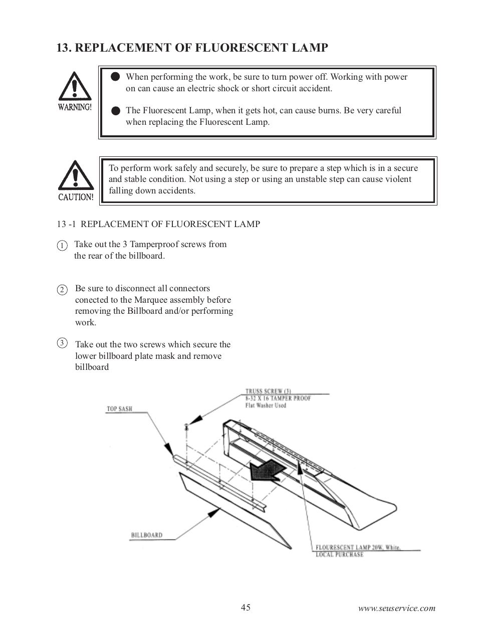 Replacement of fluorescent lamp | Sega 999-0886-01 User Manual | Page 50 / 85