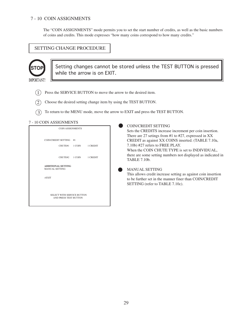 Setting change procedure, 7 - 10 coin assignments | Sega 999-0886 User Manual | Page 32 / 82