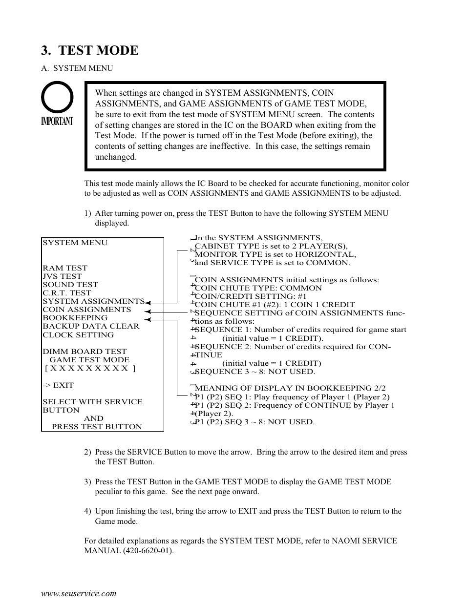 Test mode, Important | Sega Genesis 2 User Manual | Page 18 / 33