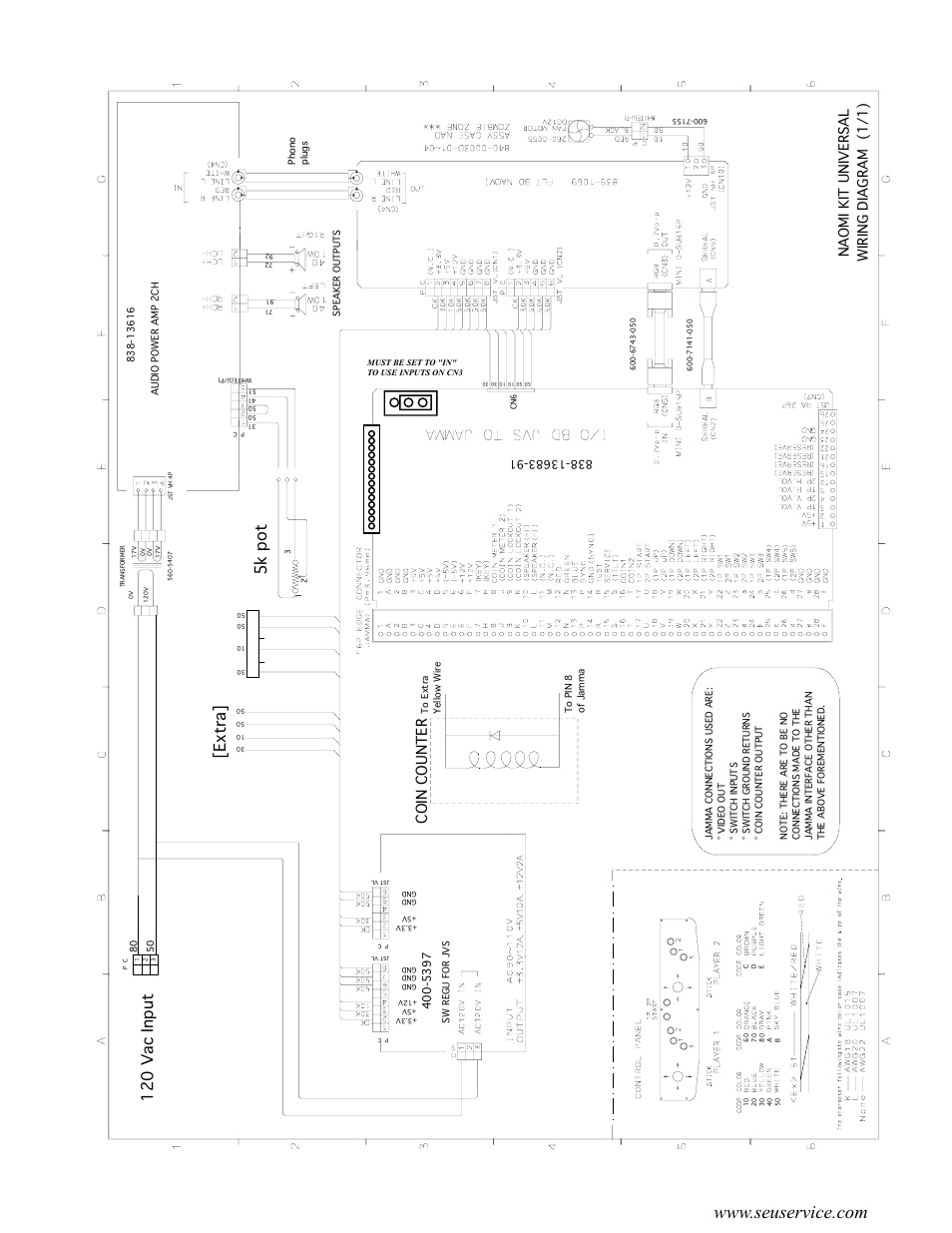 Extra] 5k pot, 120 vac input, Coin counter | Gd rom drive, Naomi kit universal wiring diagram (1/1) | Sega Genesis 2 User Manual | Page 31 / 33
