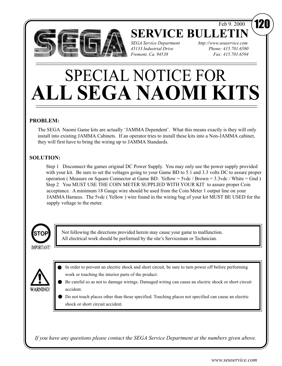 All sega naomi kits, Special notice for, Service bulletin | Sega Genesis 2 User Manual | Page 7 / 33