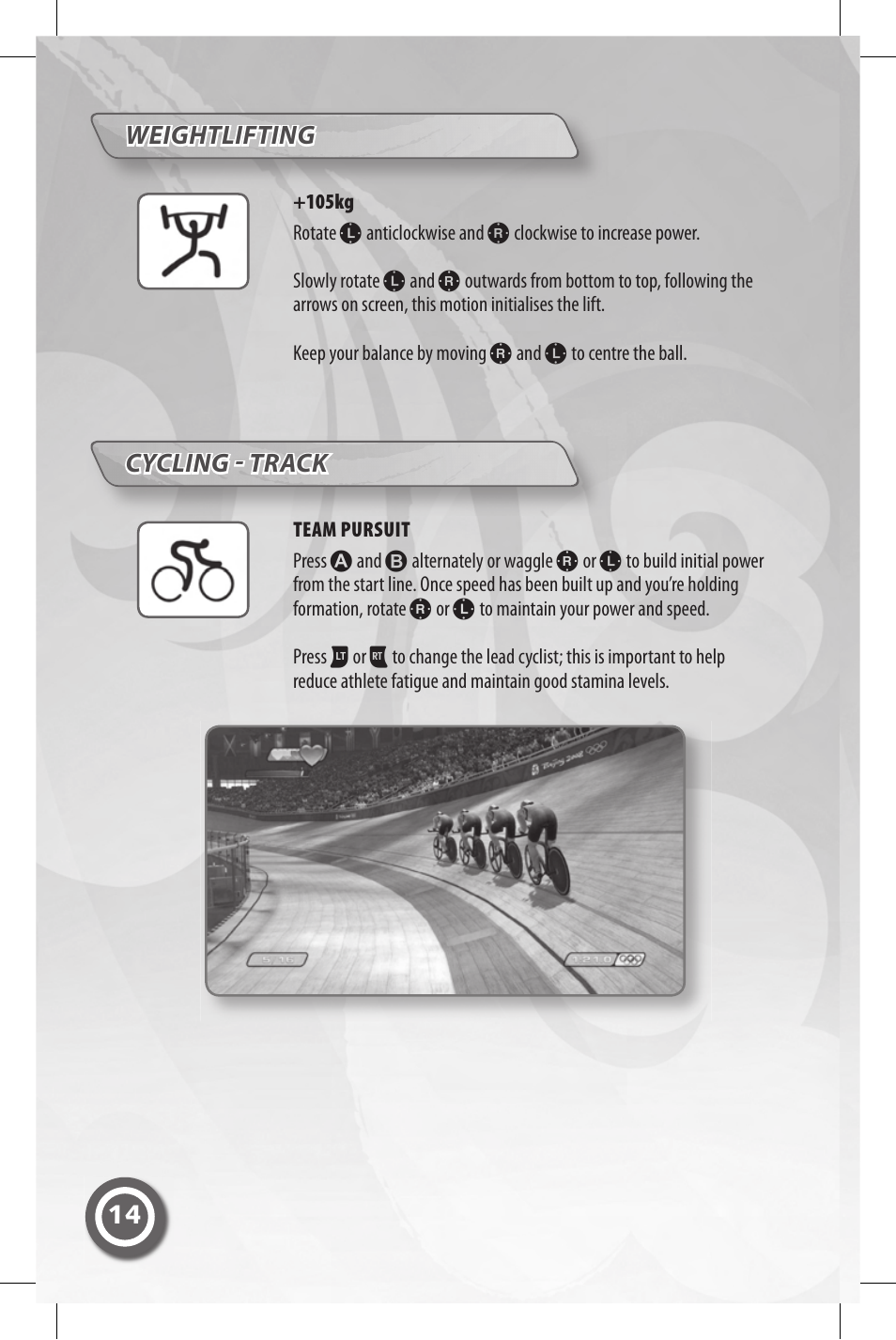 14 weightlifting, Cycling - track | Sega OLYMPIC 2008 MAN-S075-UK User Manual | Page 16 / 19