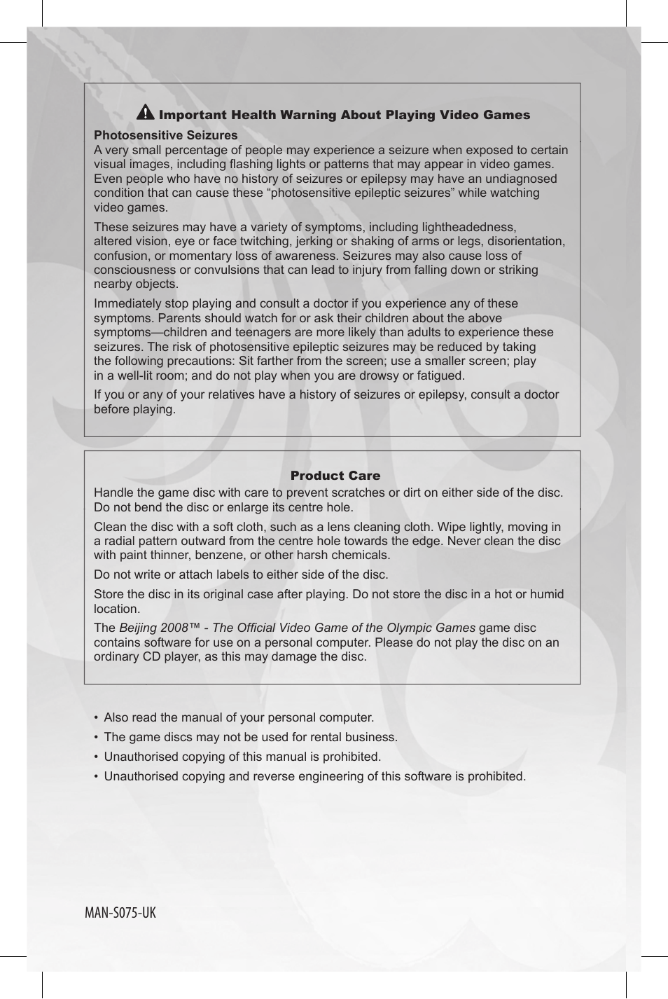 Man-s075-uk | Sega OLYMPIC 2008 MAN-S075-UK User Manual | Page 2 / 19