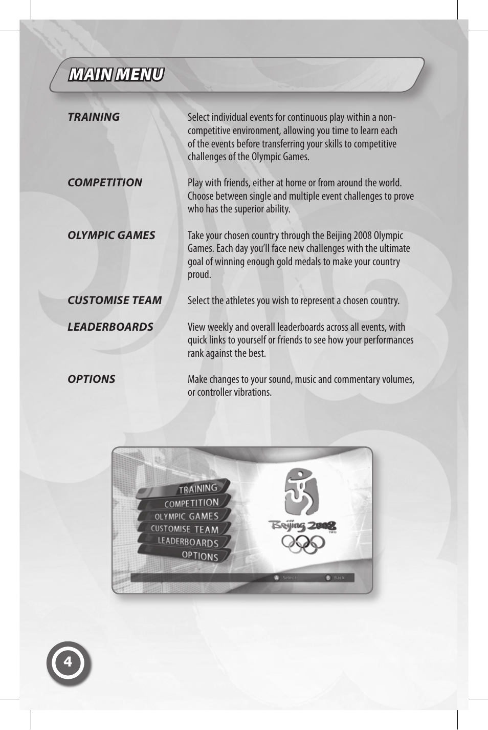 Main menu | Sega OLYMPIC 2008 MAN-S075-UK User Manual | Page 6 / 19