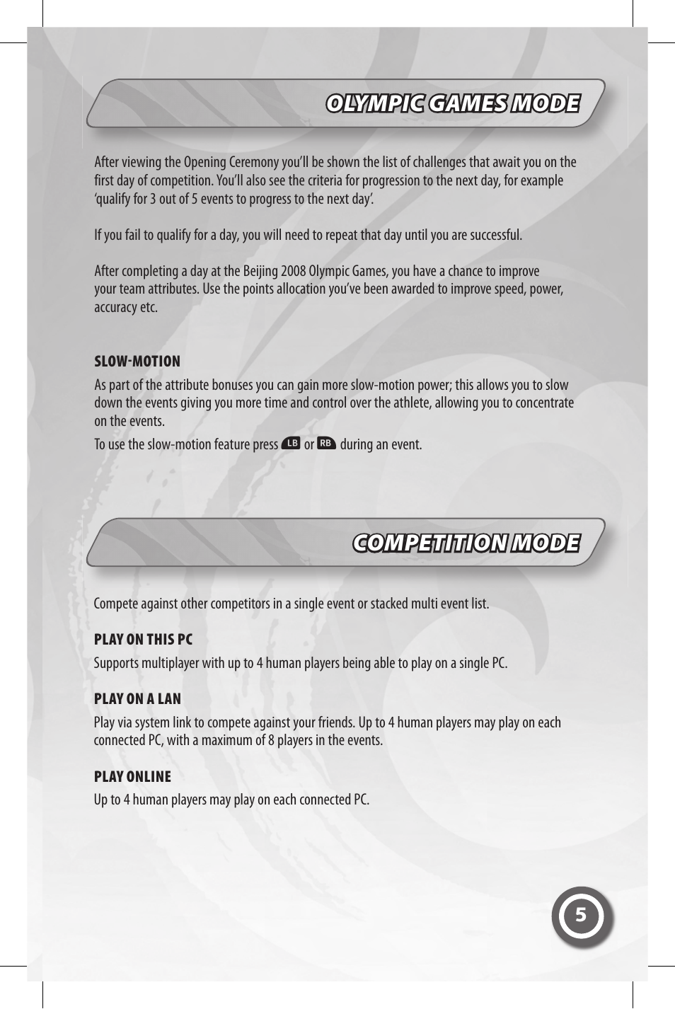Olympic games mode competition mode | Sega OLYMPIC 2008 MAN-S075-UK User Manual | Page 7 / 19