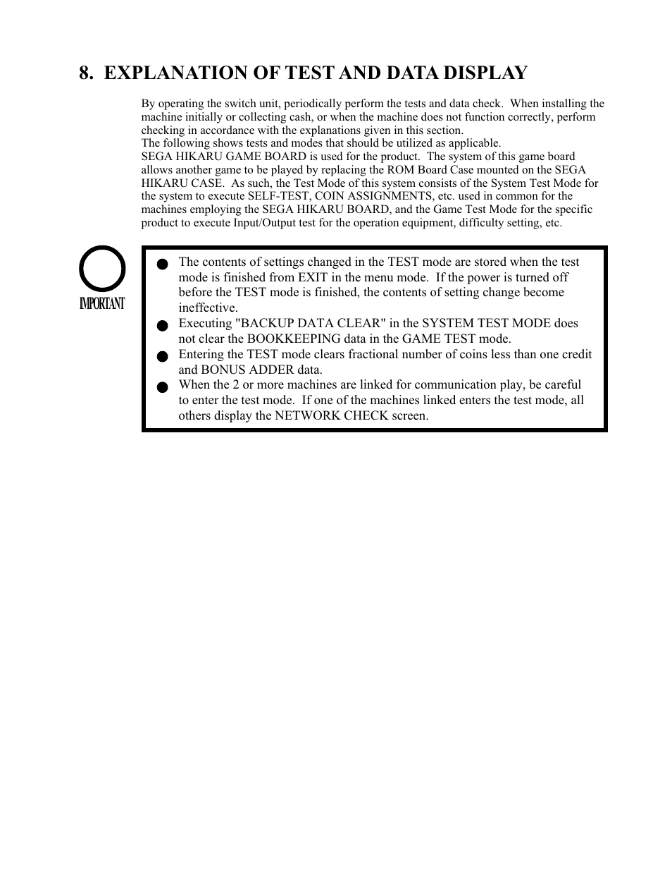Explanation of test and data display, Important | Sega 999-1108 User Manual | Page 32 / 118