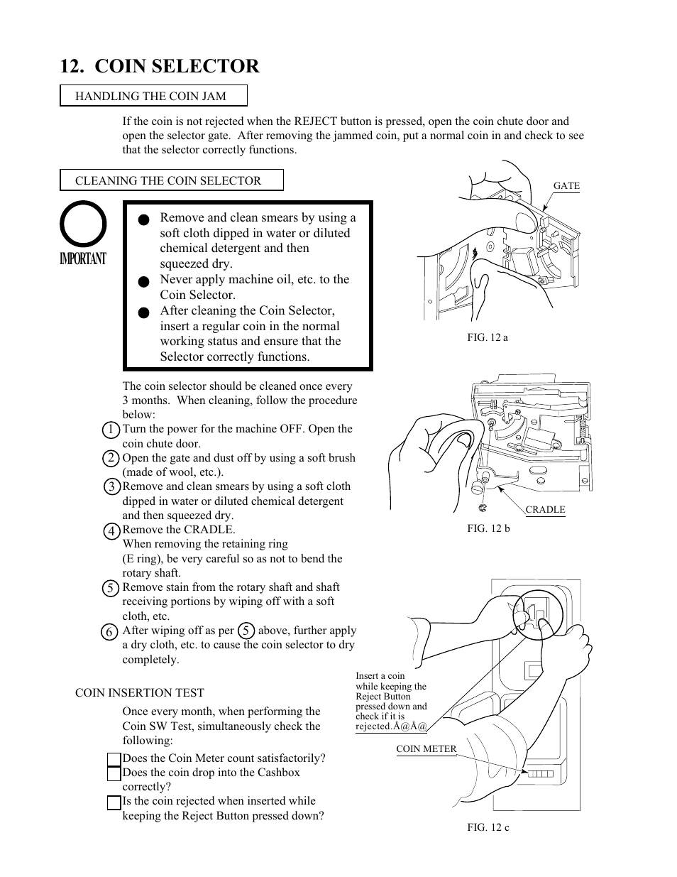 Coin selector, Important | Sega 999-1108 User Manual | Page 69 / 118