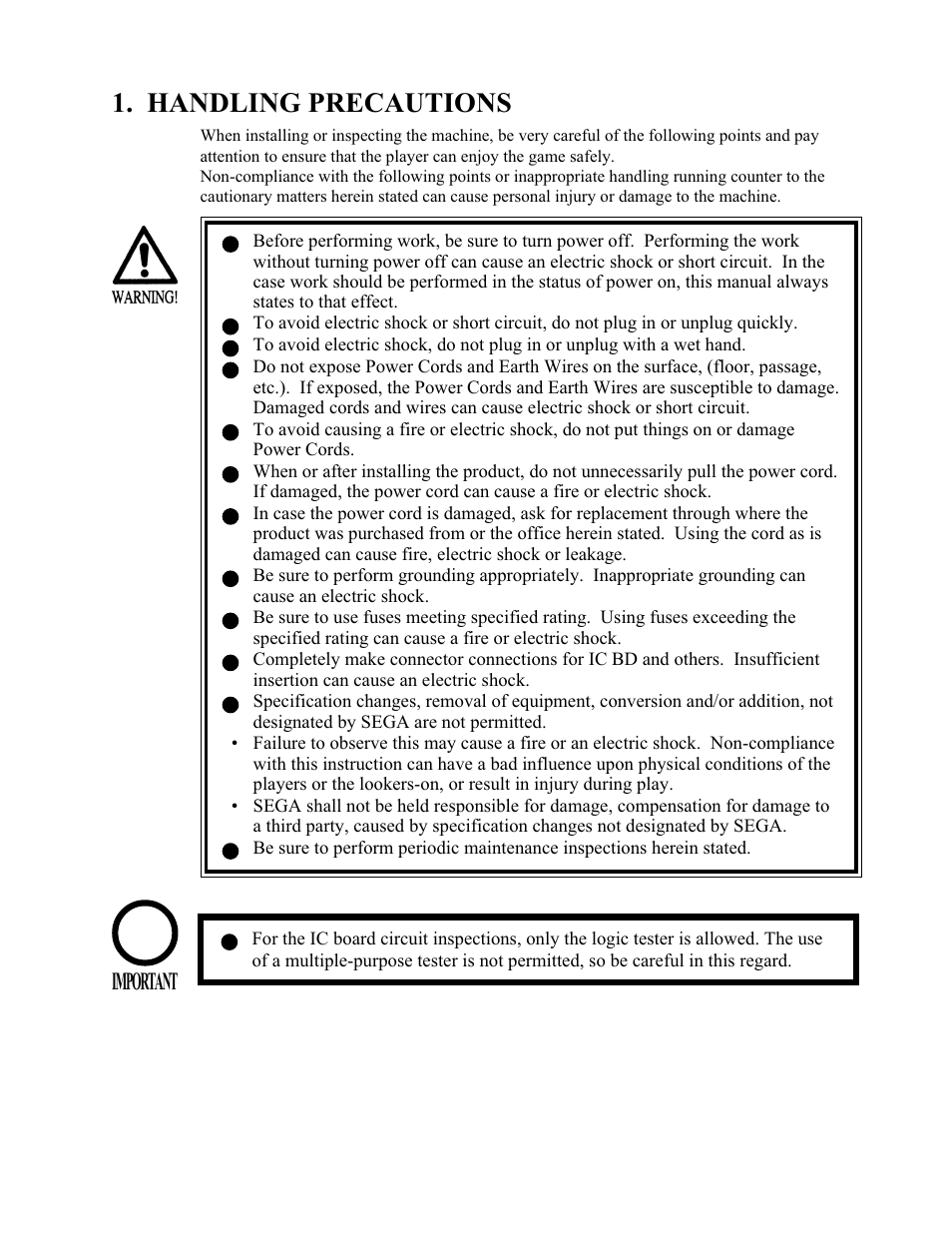 Handling precautions, Important | Sega 999-1108 User Manual | Page 8 / 118
