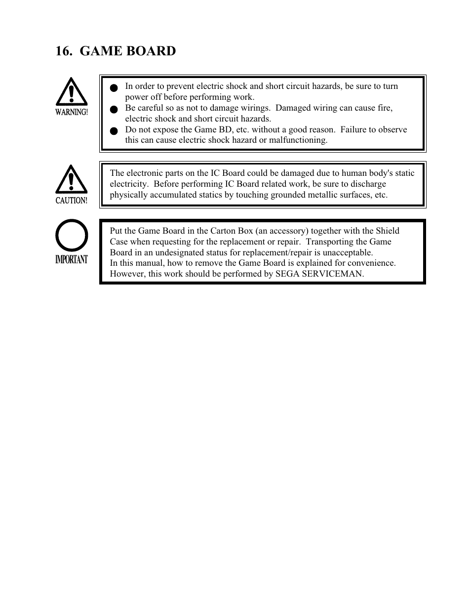 Game board, Important | Sega 999-1108 User Manual | Page 80 / 118