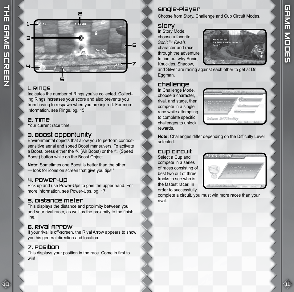 The game screen game mo des | Sega Sonic Rivals ULUS 10195 User Manual | Page 7 / 13