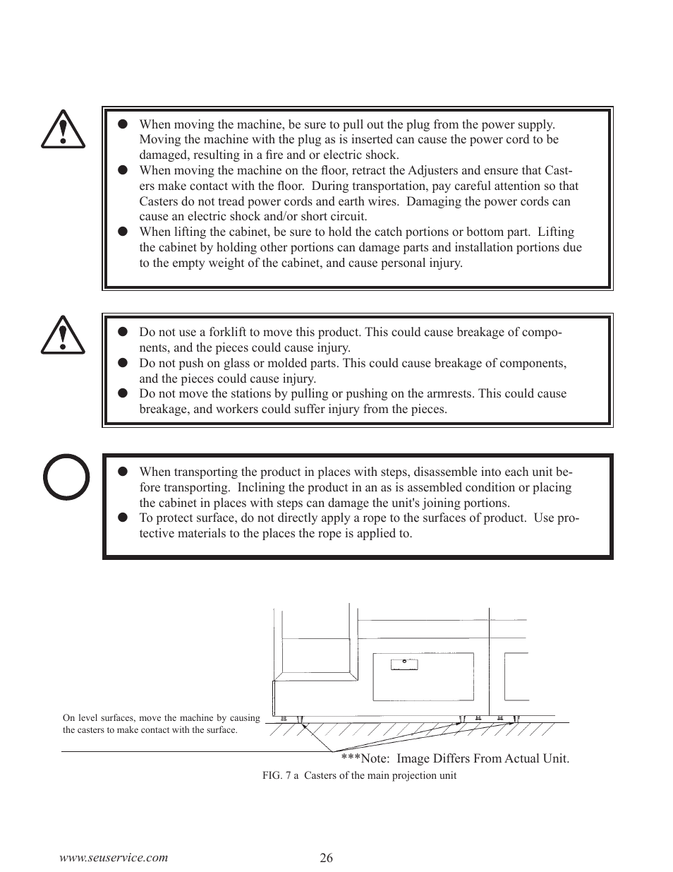 Caution, Stop, Warning | Important, Precautions to be heeded when moving the machine | Sega LTM170E6-L04 User Manual | Page 34 / 66