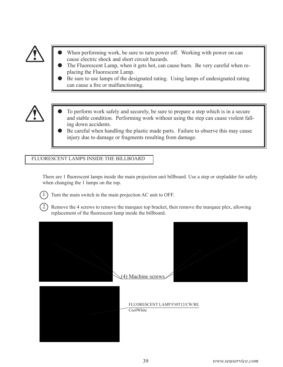 Caution, Warning, Replacing the fluorescent lamp, and lamps | Sega LTM170E6-L04 User Manual | Page 47 / 66