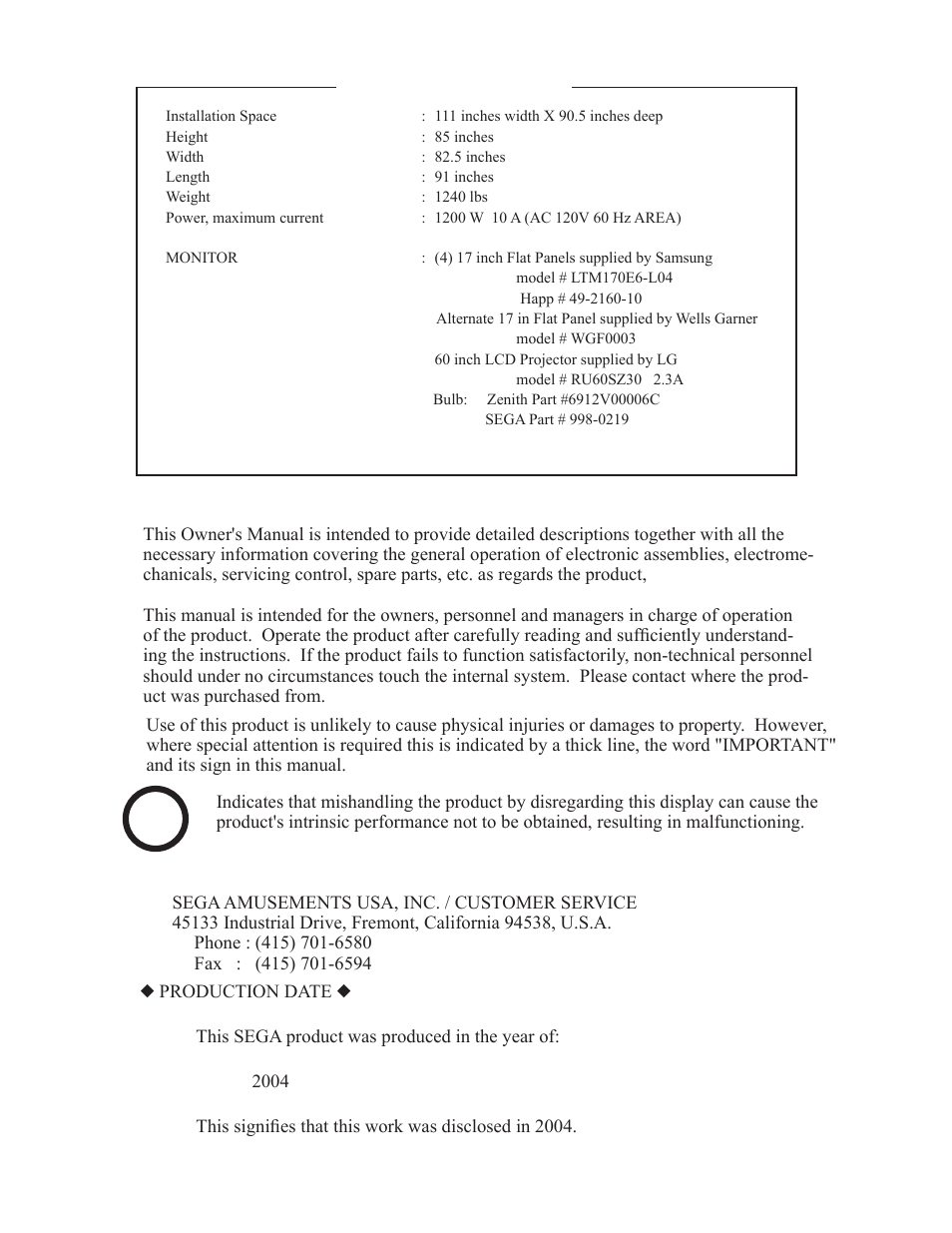 Stop, Important, Specifications introduction of the owners manual | Sega LTM170E6-L04 User Manual | Page 6 / 66