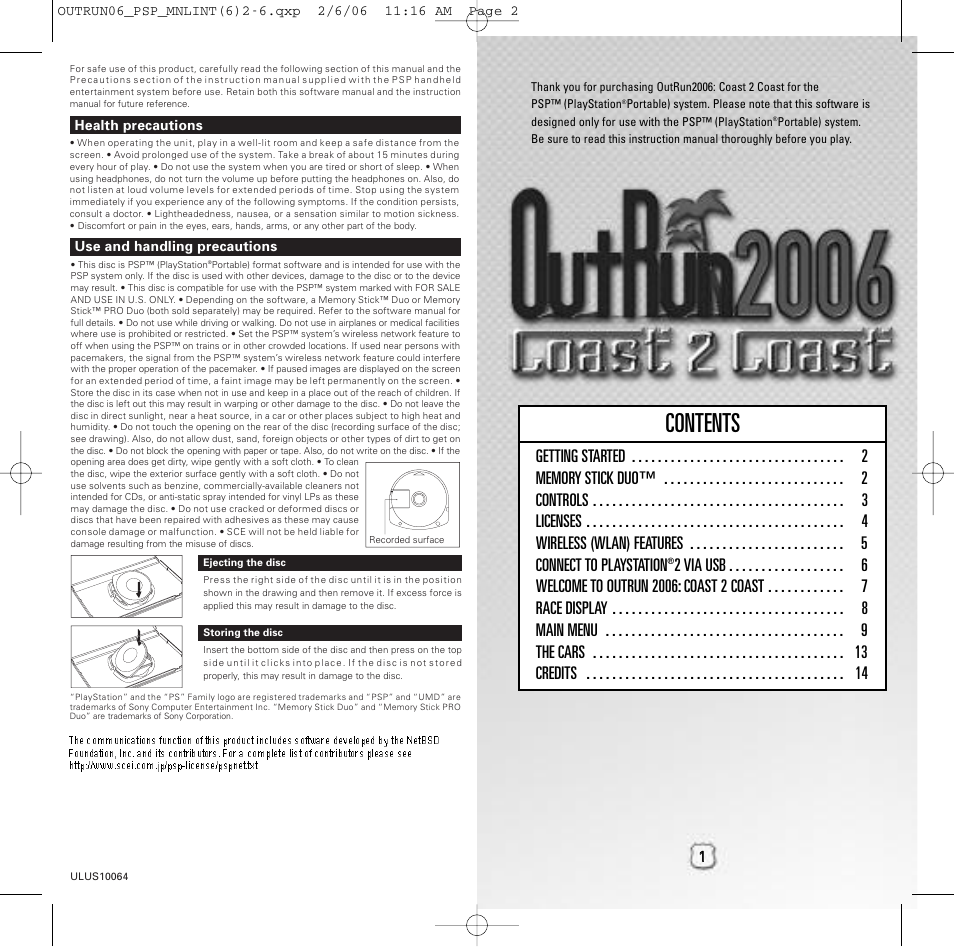 Sega Outrun 2006: Coast 2 Coast ULUS 10064 User Manual | 9 pages