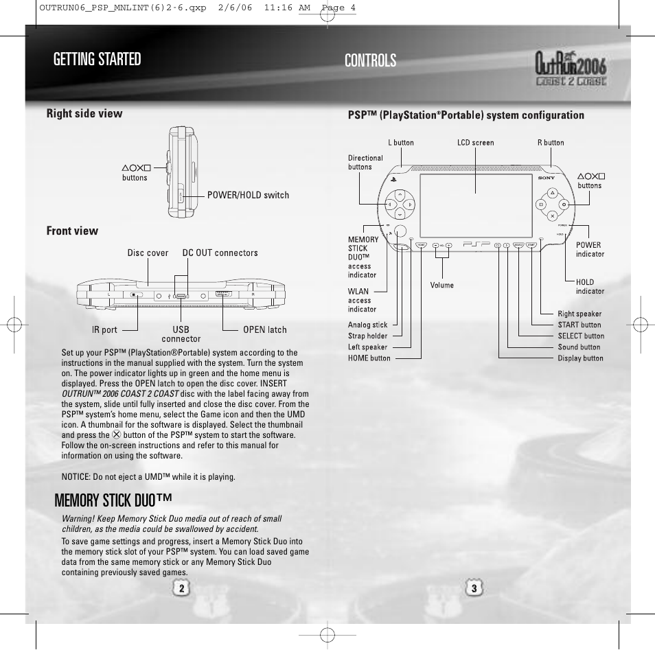 Getting started controls | Sega Outrun 2006: Coast 2 Coast ULUS 10064 User Manual | Page 2 / 9