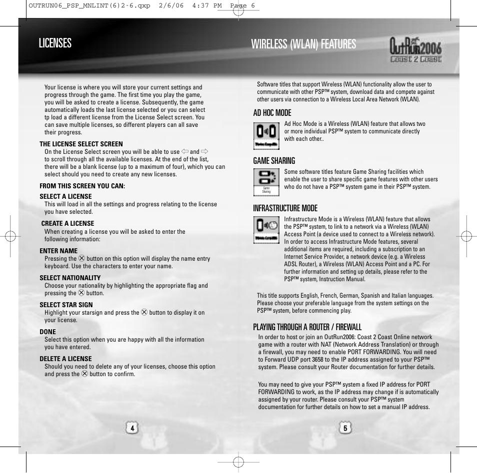 Licenses wireless (wlan) features, Ad hoc mode, Game sharing | Infrastructure mode, Playing through a router / firewall | Sega Outrun 2006: Coast 2 Coast ULUS 10064 User Manual | Page 3 / 9