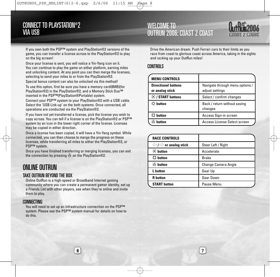 Connect to playstation, Online outrun | Sega Outrun 2006: Coast 2 Coast ULUS 10064 User Manual | Page 4 / 9