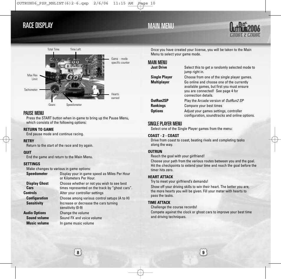 Race display main menu, Pause menu, Main menu | Single player menu | Sega Outrun 2006: Coast 2 Coast ULUS 10064 User Manual | Page 5 / 9