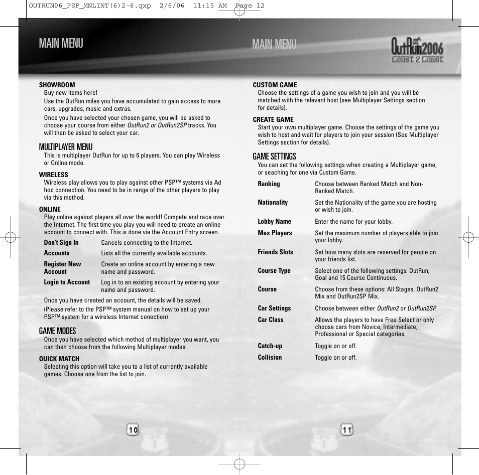 Main menu, Multiplayer menu, Game modes | Game settings | Sega Outrun 2006: Coast 2 Coast ULUS 10064 User Manual | Page 6 / 9