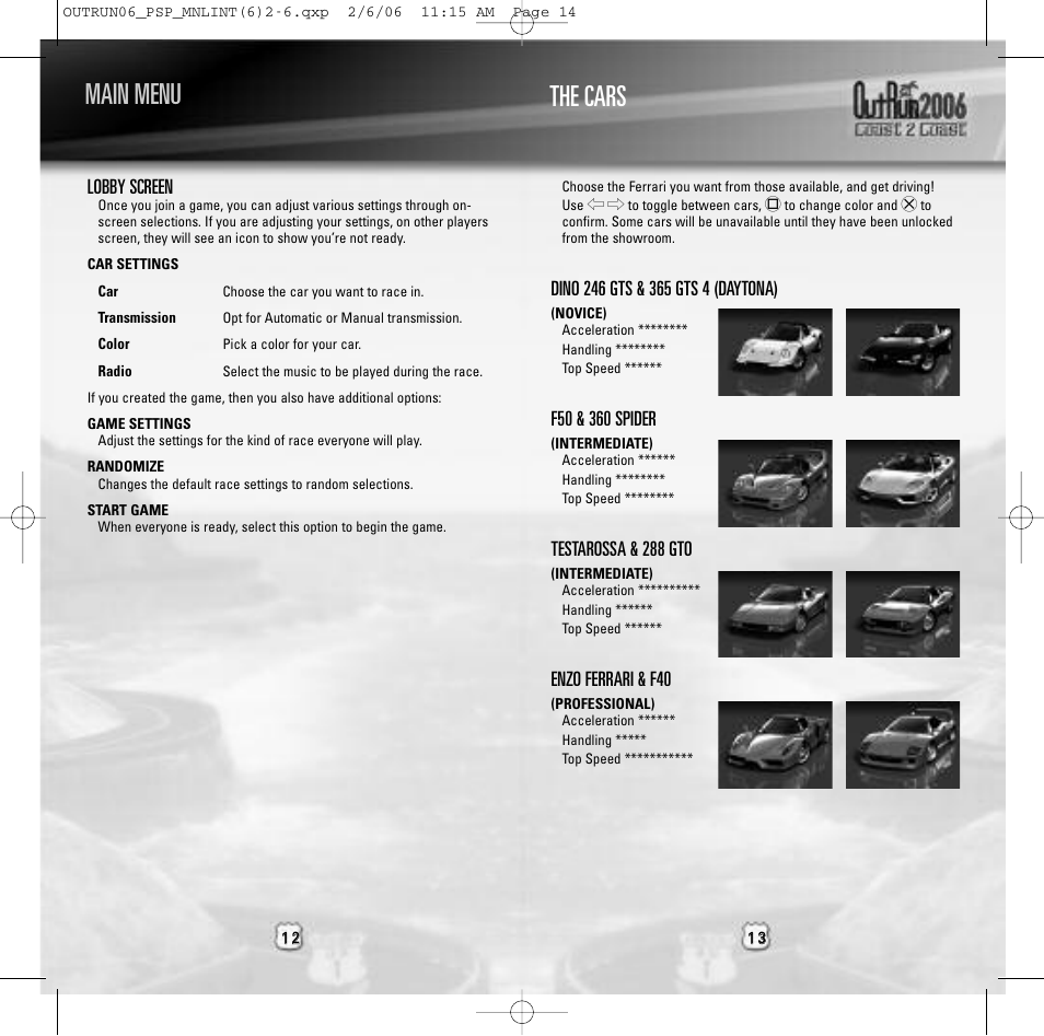 Main menu the cars, Lobby screen, Testarossa & 288 gto | Enzo ferrari & f40 | Sega Outrun 2006: Coast 2 Coast ULUS 10064 User Manual | Page 7 / 9