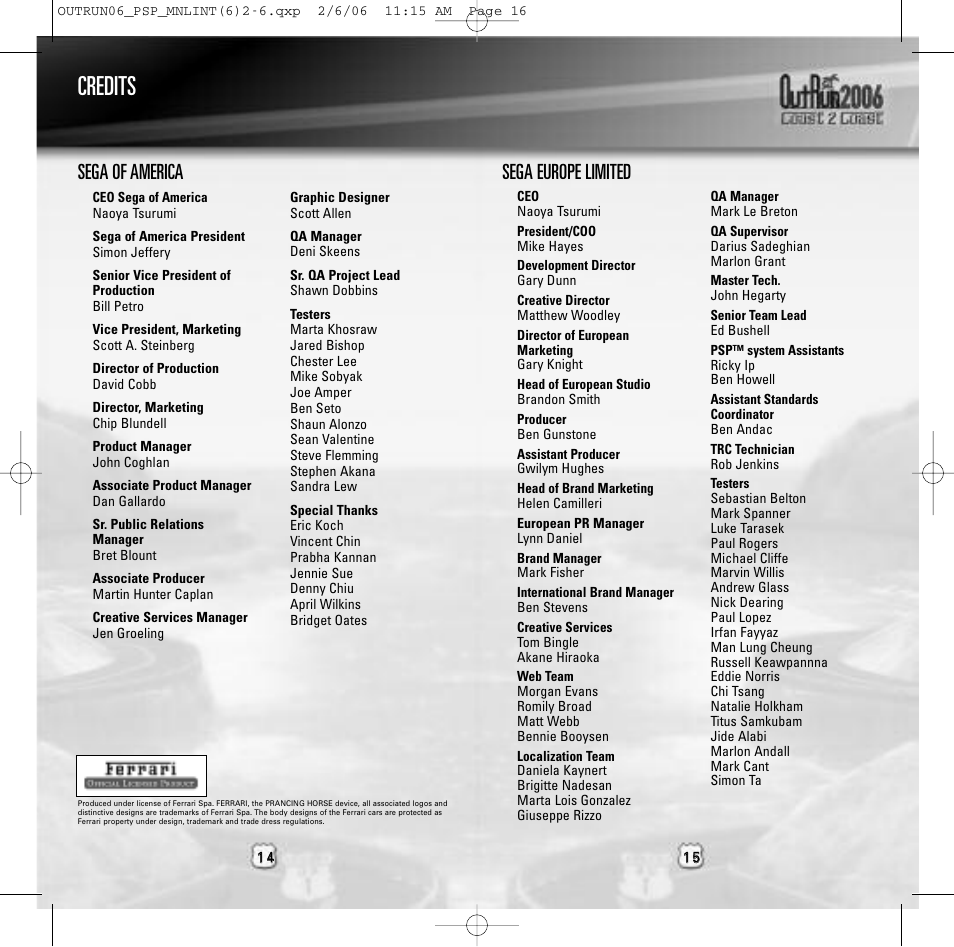 Credits, Sega europe limited, Sega of america | Sega Outrun 2006: Coast 2 Coast ULUS 10064 User Manual | Page 8 / 9
