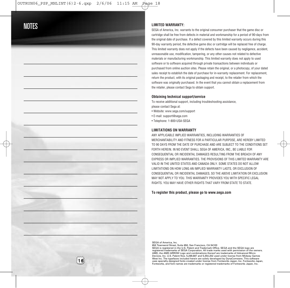 Sega Outrun 2006: Coast 2 Coast ULUS 10064 User Manual | Page 9 / 9