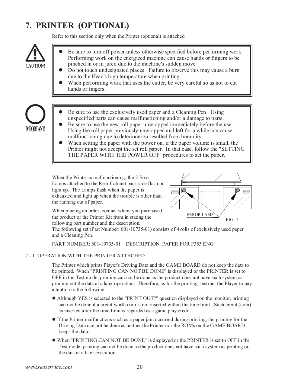 Printer (optional), Important | Sega type twin F355 User Manual | Page 27 / 153
