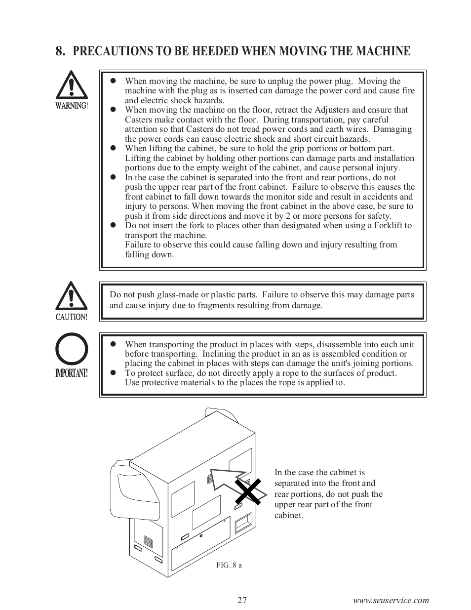 Precautions to be heeded when moving the machine, Important | Sega type twin F355 User Manual | Page 34 / 153
