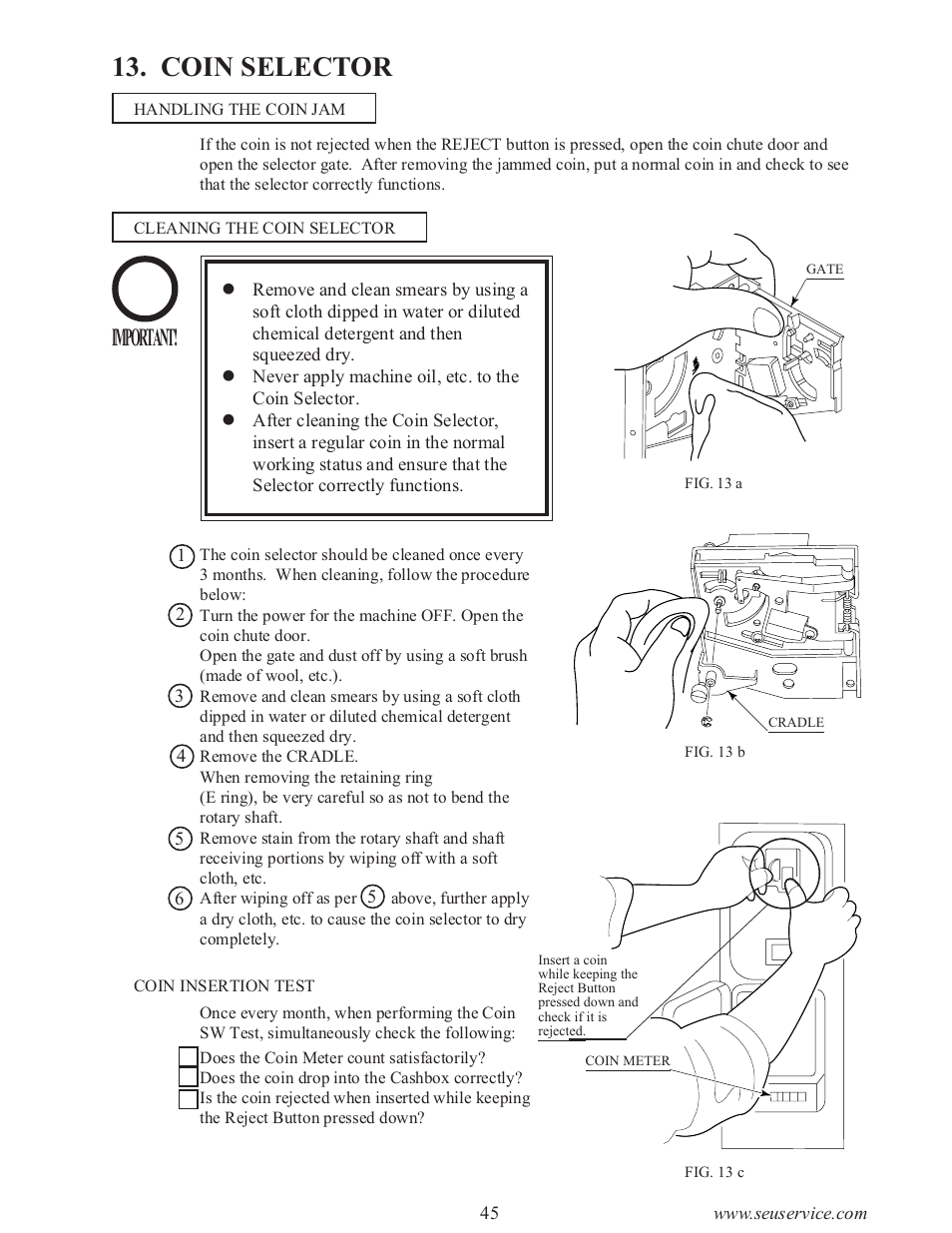 Coin selector, Important | Sega type twin F355 User Manual | Page 52 / 153
