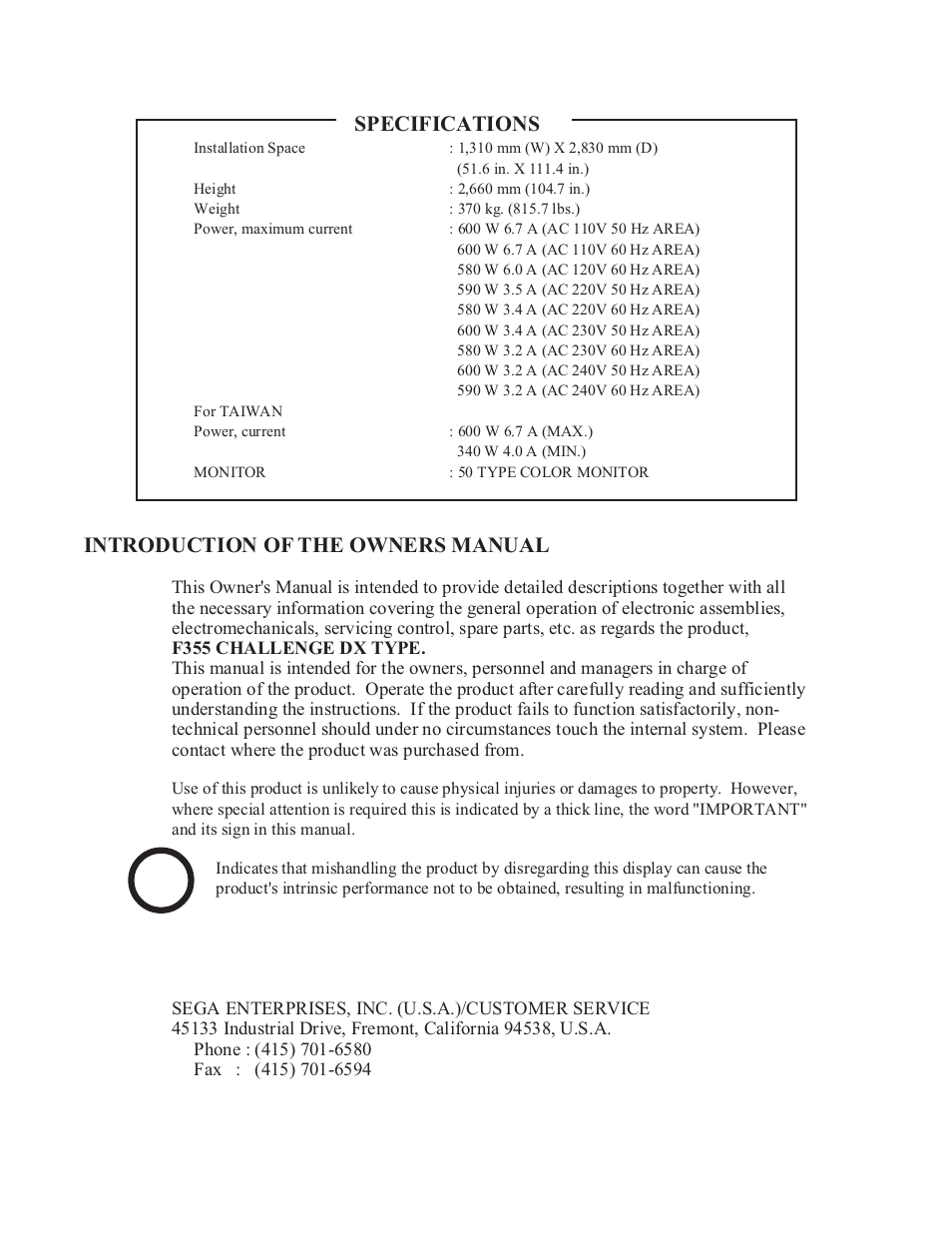 Important, Specifications introduction of the owners manual | Sega type twin F355 User Manual | Page 6 / 153