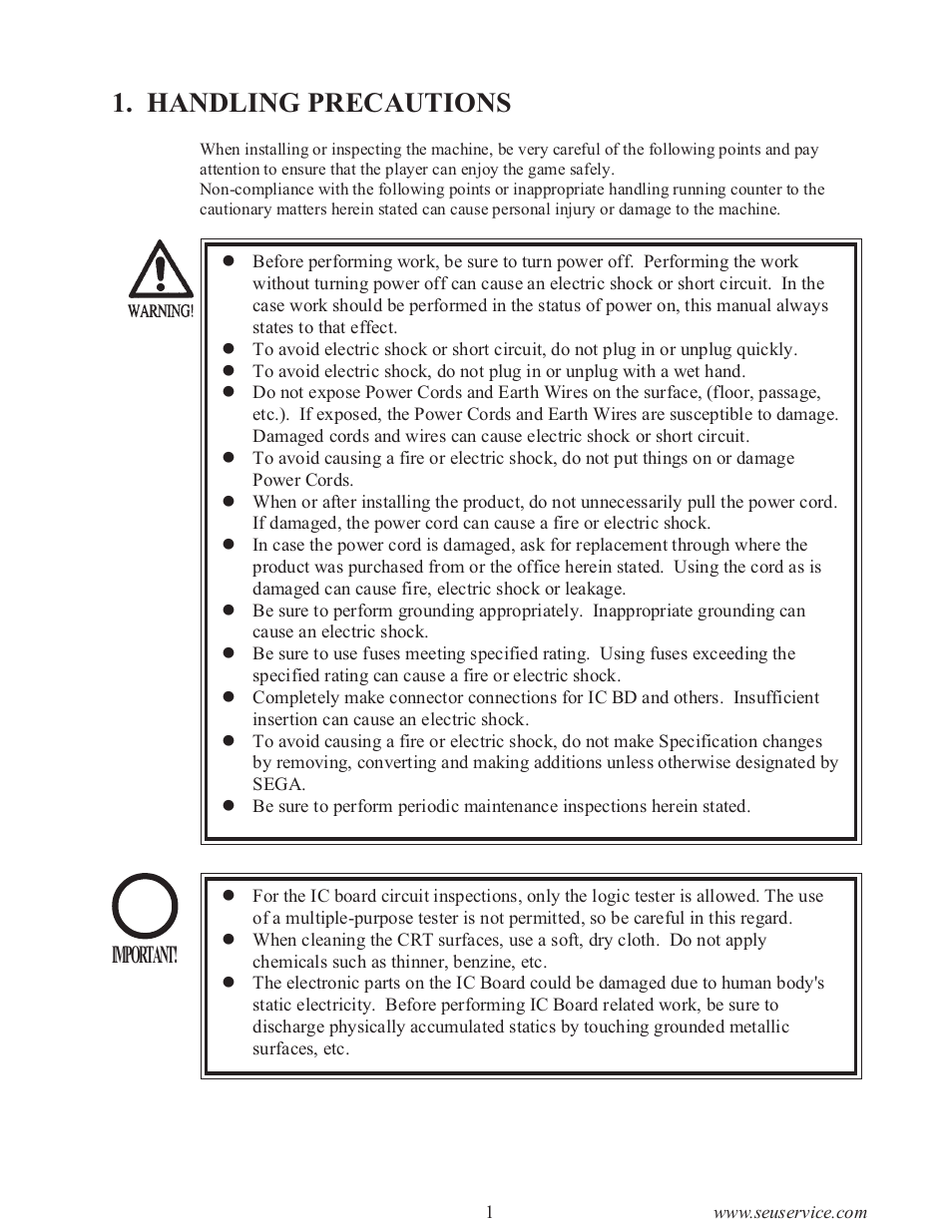 Handling precautions, Important | Sega type twin F355 User Manual | Page 8 / 153
