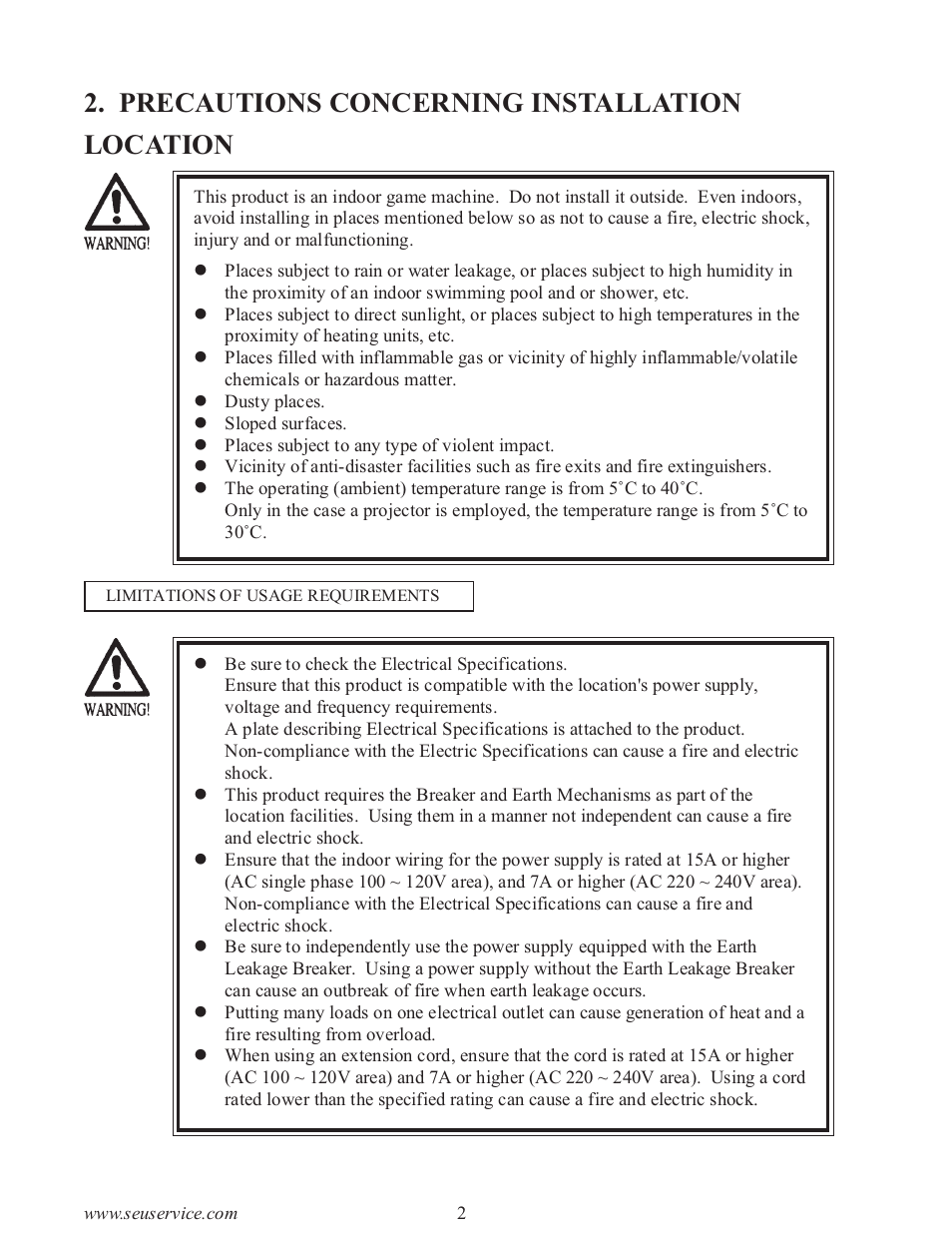 Precautions concerning installation location | Sega type twin F355 User Manual | Page 9 / 153