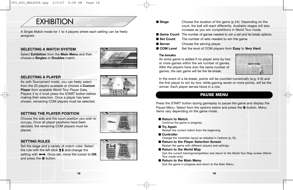 Exhibition, Pause menu | Sega VirtuaTennis 3 061213 User Manual | Page 11 / 16