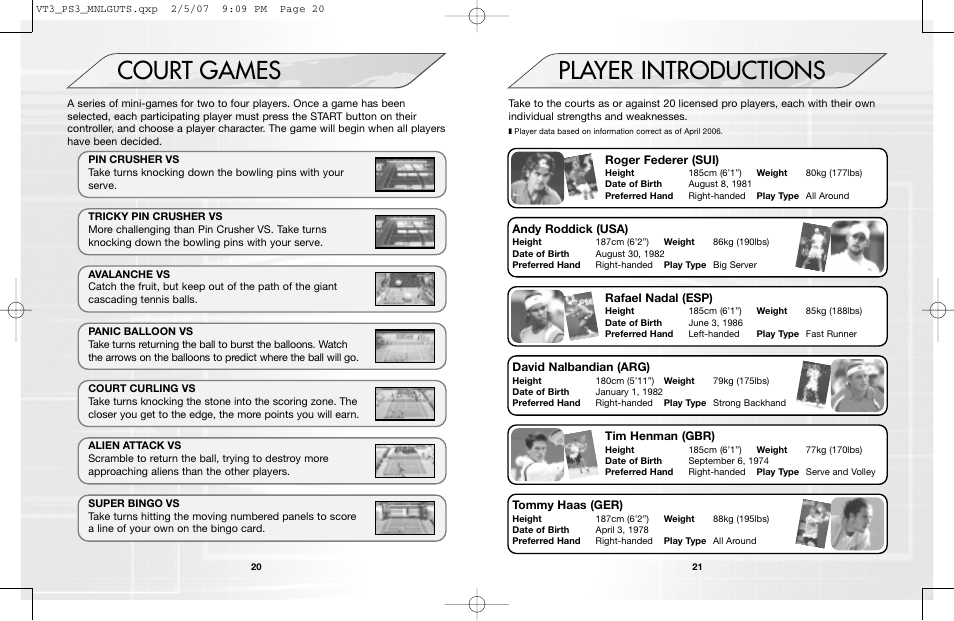 Player introductions, Court games | Sega VirtuaTennis 3 061213 User Manual | Page 12 / 16