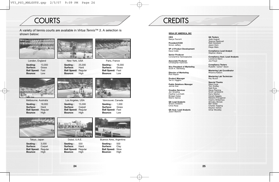 Courts, Credits | Sega VirtuaTennis 3 061213 User Manual | Page 14 / 16