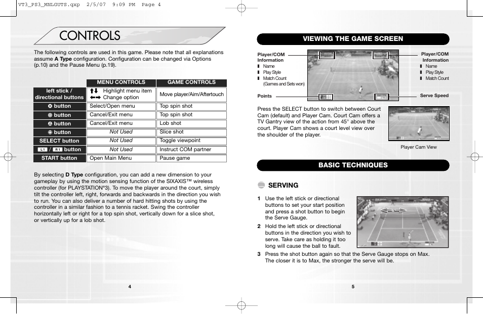Controls, Viewing the game screen, Basic techniques | Serving | Sega VirtuaTennis 3 061213 User Manual | Page 4 / 16