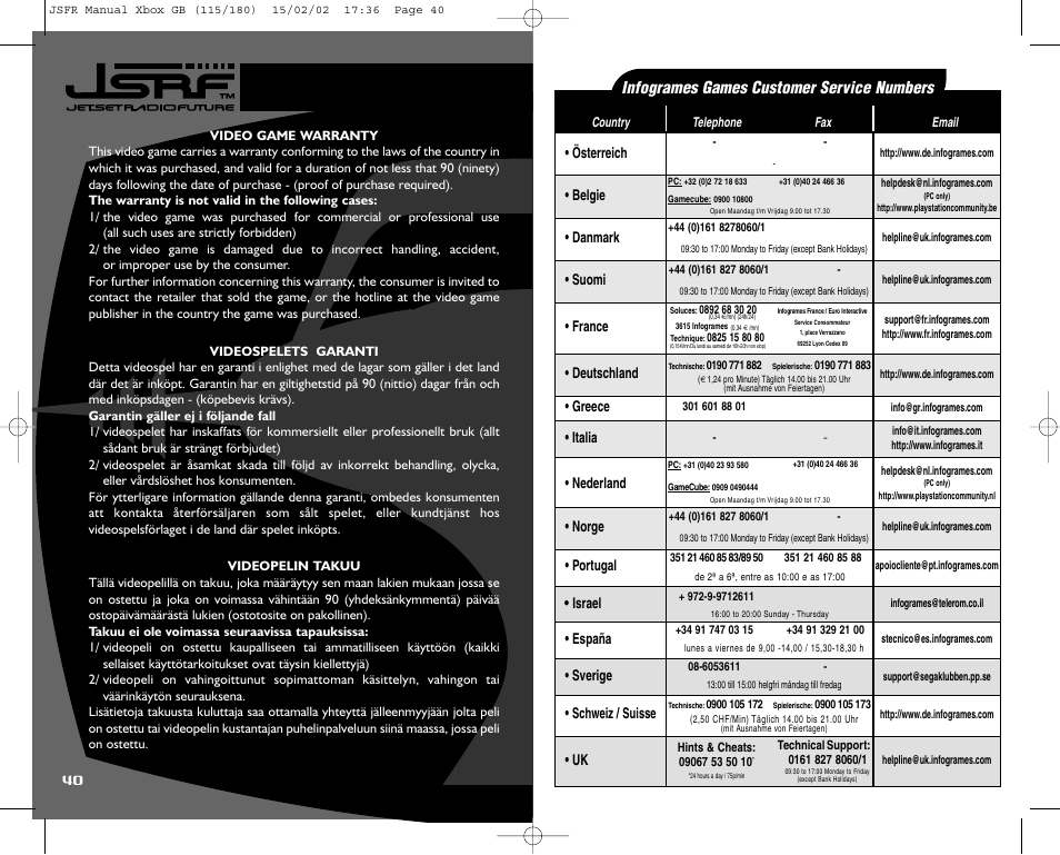 Infogrames games customer service numbers | Sega IG02401E User Manual | Page 23 / 26
