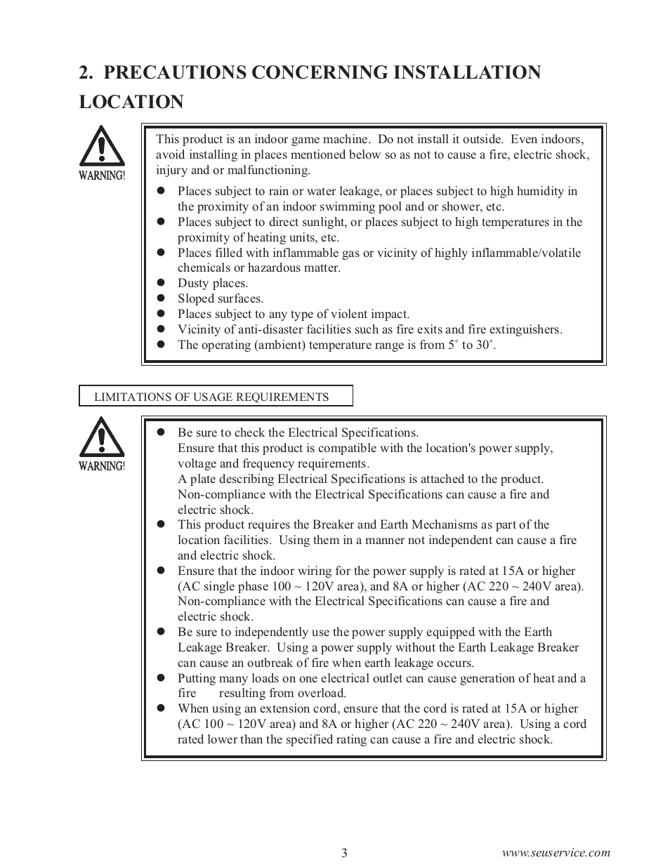 Precautions concerning installation location | Sega WaveRunner GP User Manual | Page 12 / 182