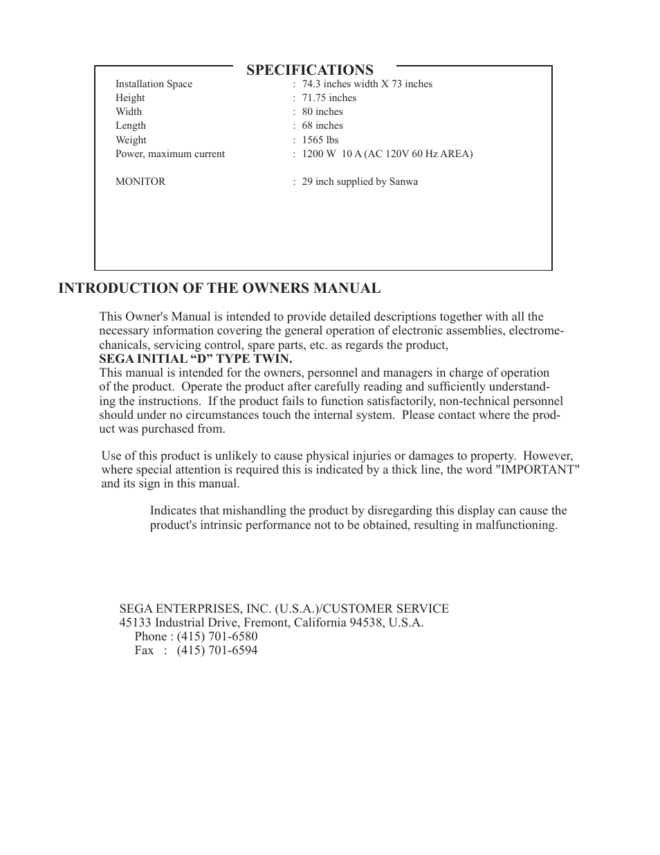 Sega INITIAL "D" TYPE TWIN. User Manual | Page 6 / 124