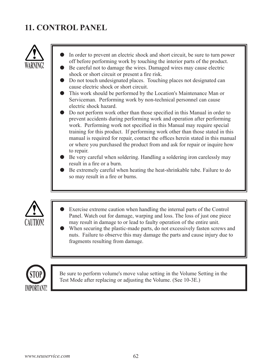 Caution, Stop, Warning | Important, Control panel | Sega INITIAL "D" TYPE TWIN. User Manual | Page 70 / 124